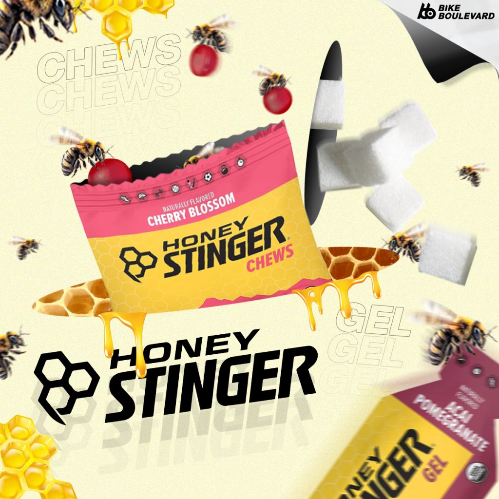 ถุง Honey Stinger Chews และ ถุง Honey Stinger Gel กับผึ้งที่กำลังตอม