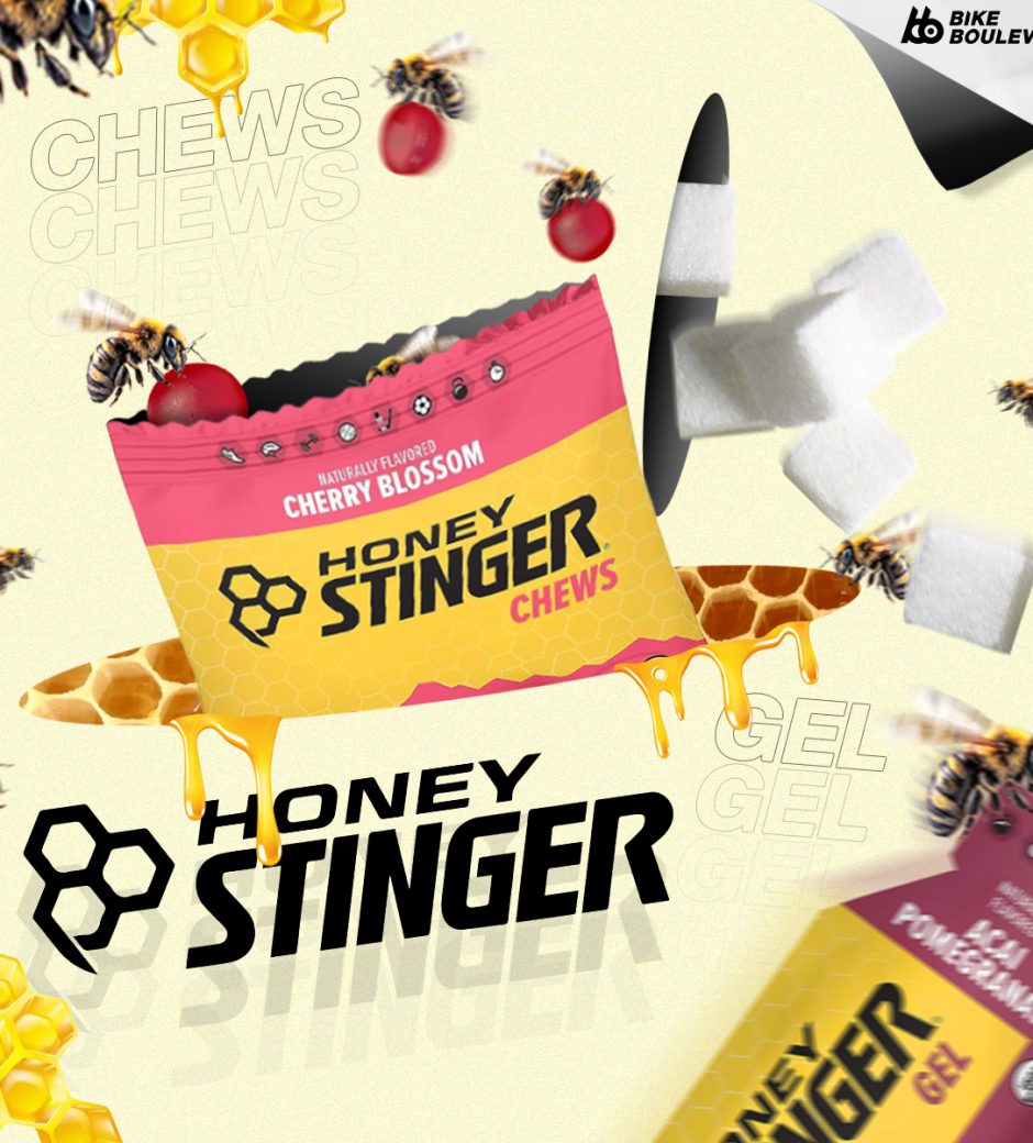 ถุง Honey Stinger Chews และ ถุง Honey Stinger Gel กับผึ้งที่กำลังตอม